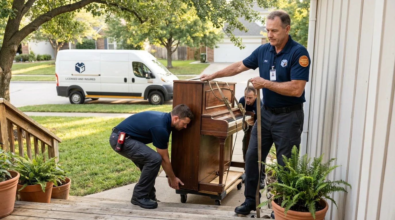 Licensed piano movers securing grand piano in Spicer, MN