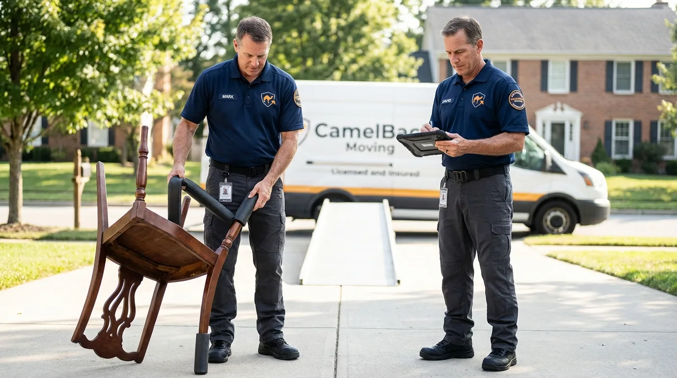 Movers inspecting furniture for damage prevention before loading in Spicer, MN