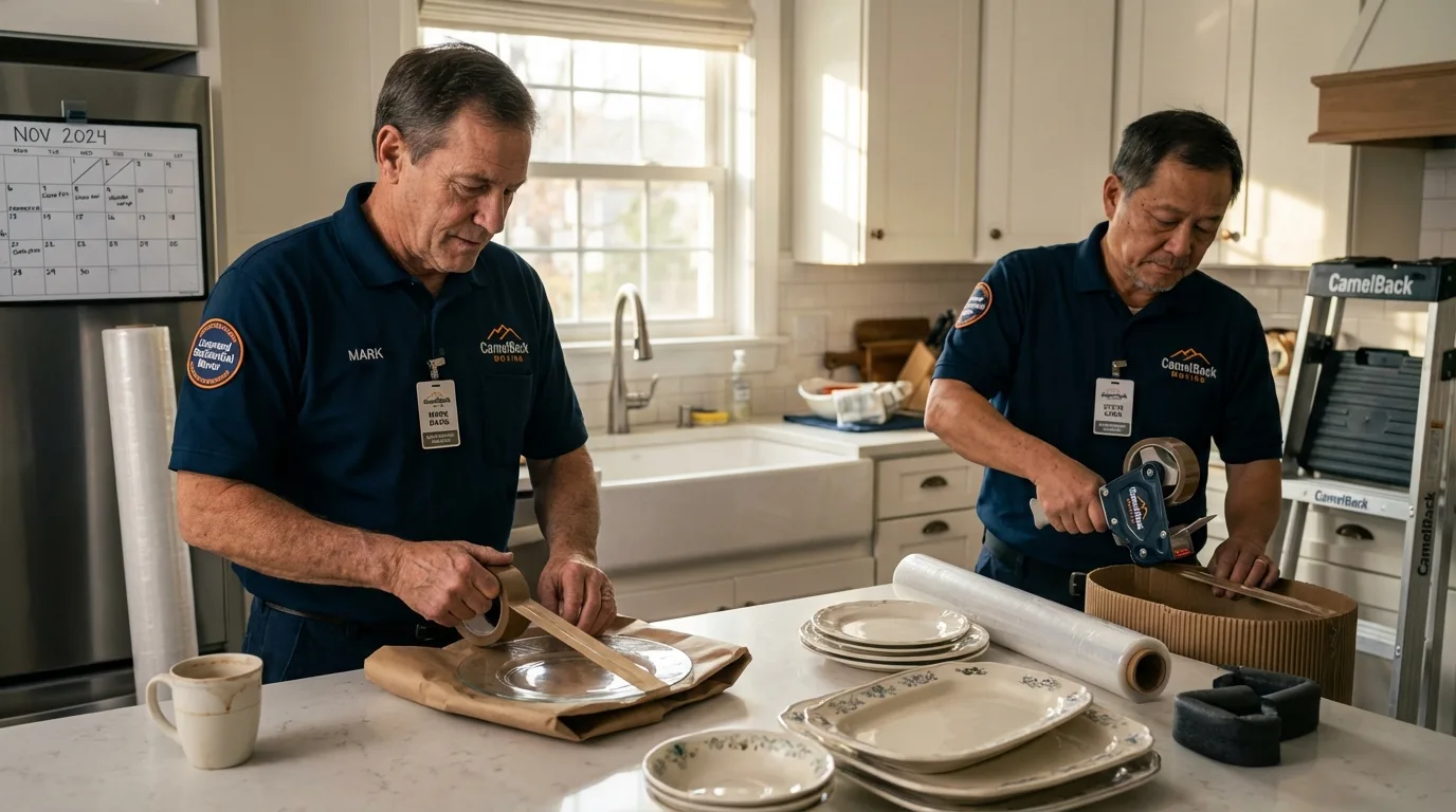 Professional crew packing kitchen dishware in Spicer, MN